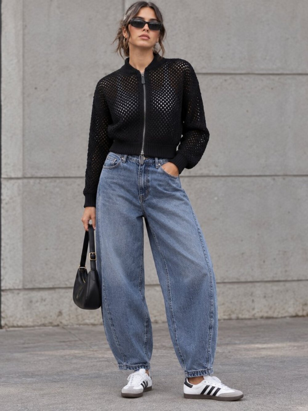 Zara NWOT Black Cropped Open-Knit Zip-up Bomber Jacket Size L